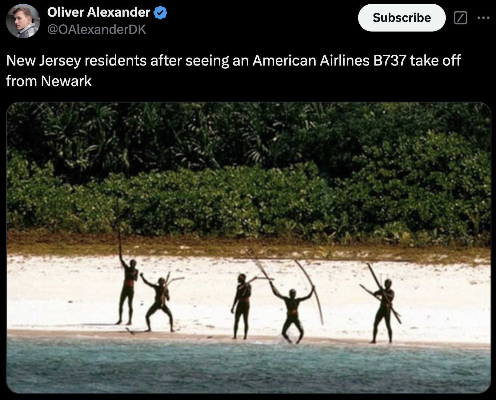 sentinel island - Oliver Alexander Subscribe New Jersey residents after seeing an American Airlines B737 take off from Newark